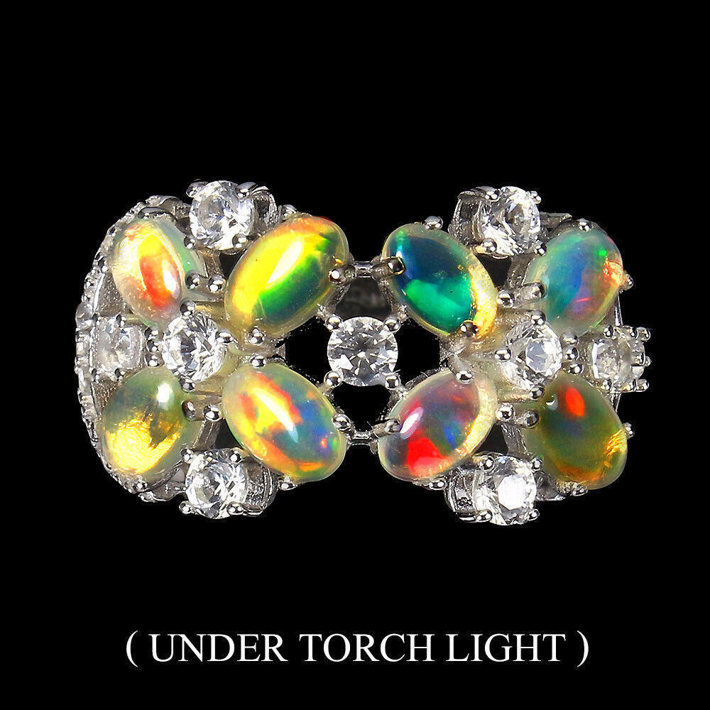 Unheated Oval Fire Opal 6x4mm White Topaz 925 Sterling Silver Ring Size 6.5